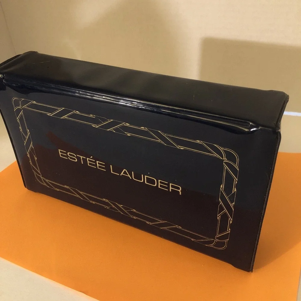 Vintage Estee Lauder Vinyl Makeup Case Travel Box Dark Blue And Gold Snap Close